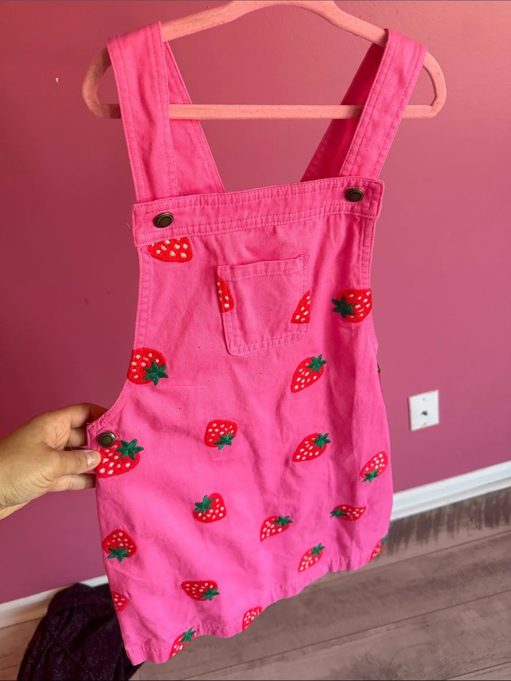 Girls Pink Strawberry Print Pinafore Dress